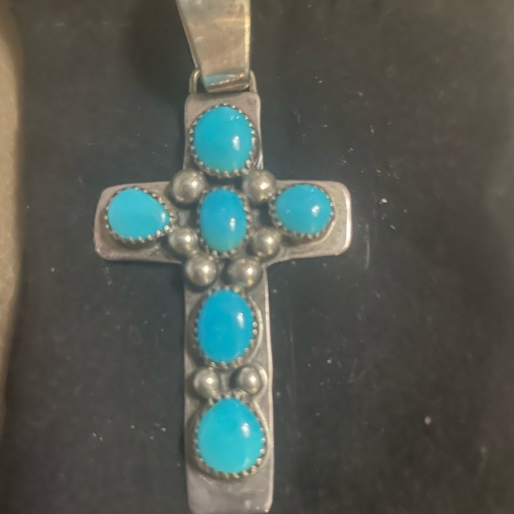 Large Navajo Signed Turquoise and Silver Cross Pendant 🦋 - Picture 2 of 11